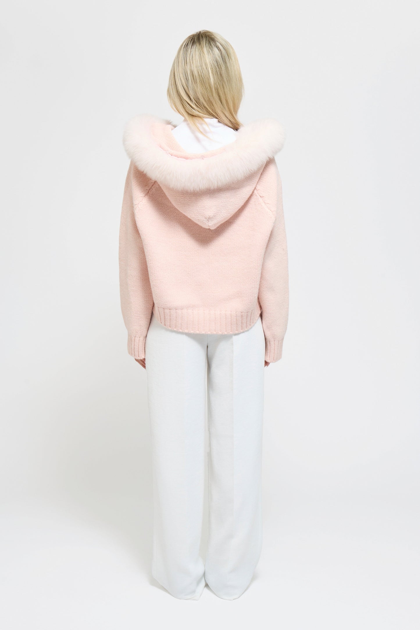 Alessia | Cárdigan de Lana 80% con Capucha de Piel de Zorro Desmontable