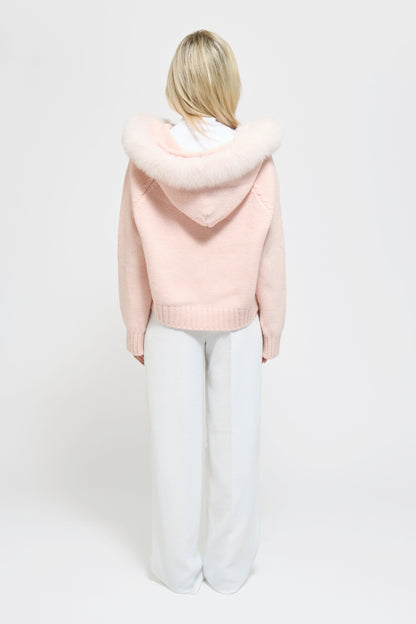 Alessia | Cárdigan de Lana 80% con Capucha de Piel de Zorro Desmontable