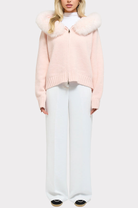 Alessia | Cárdigan de Lana 80% con Capucha de Piel de Zorro Desmontable